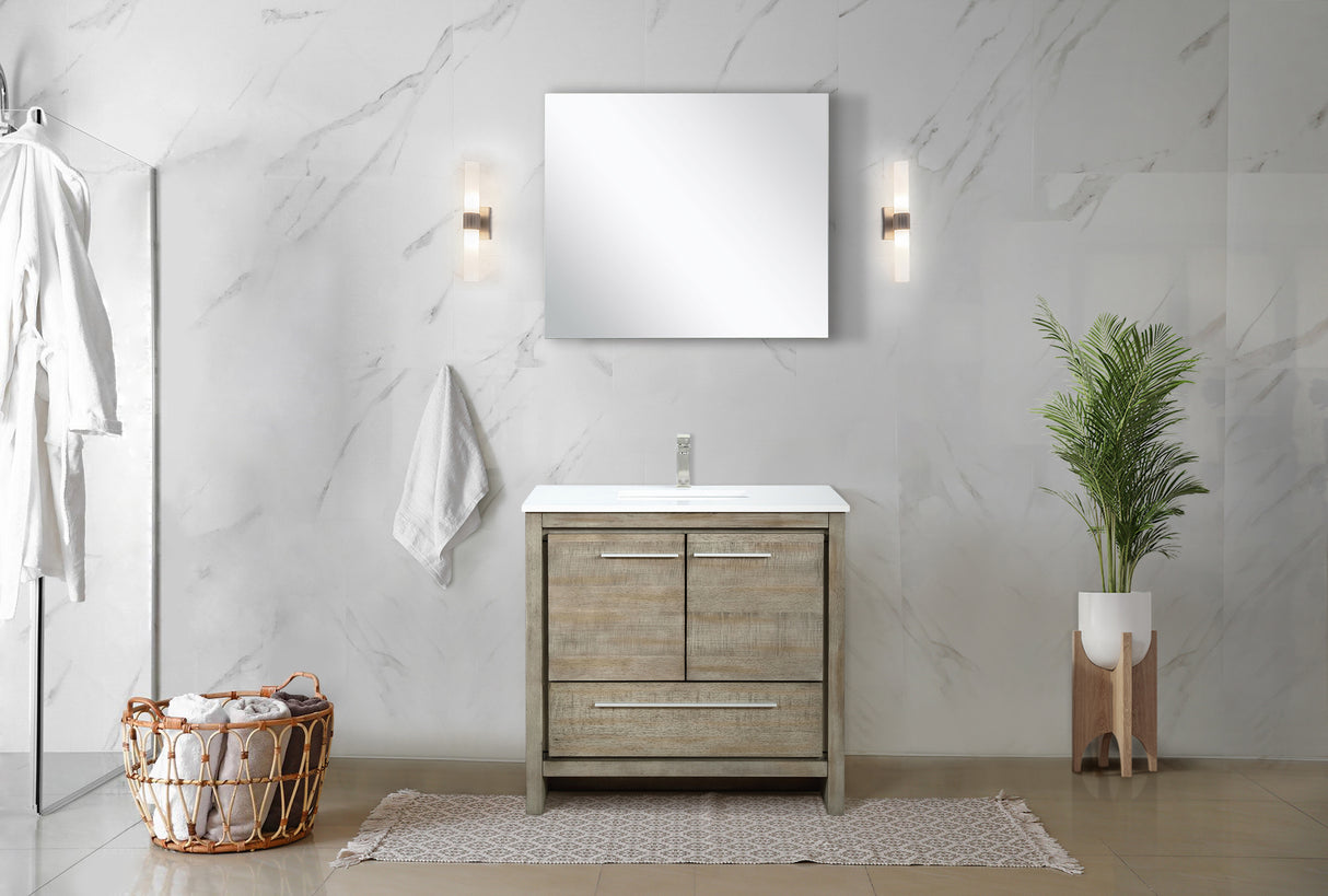 Lafarre 36 in. Rustic Acacia Freestanding Bathroom Vanity with White Quartz Top, White Square Sink, and Labaro Brushed Nickel Faucet Set