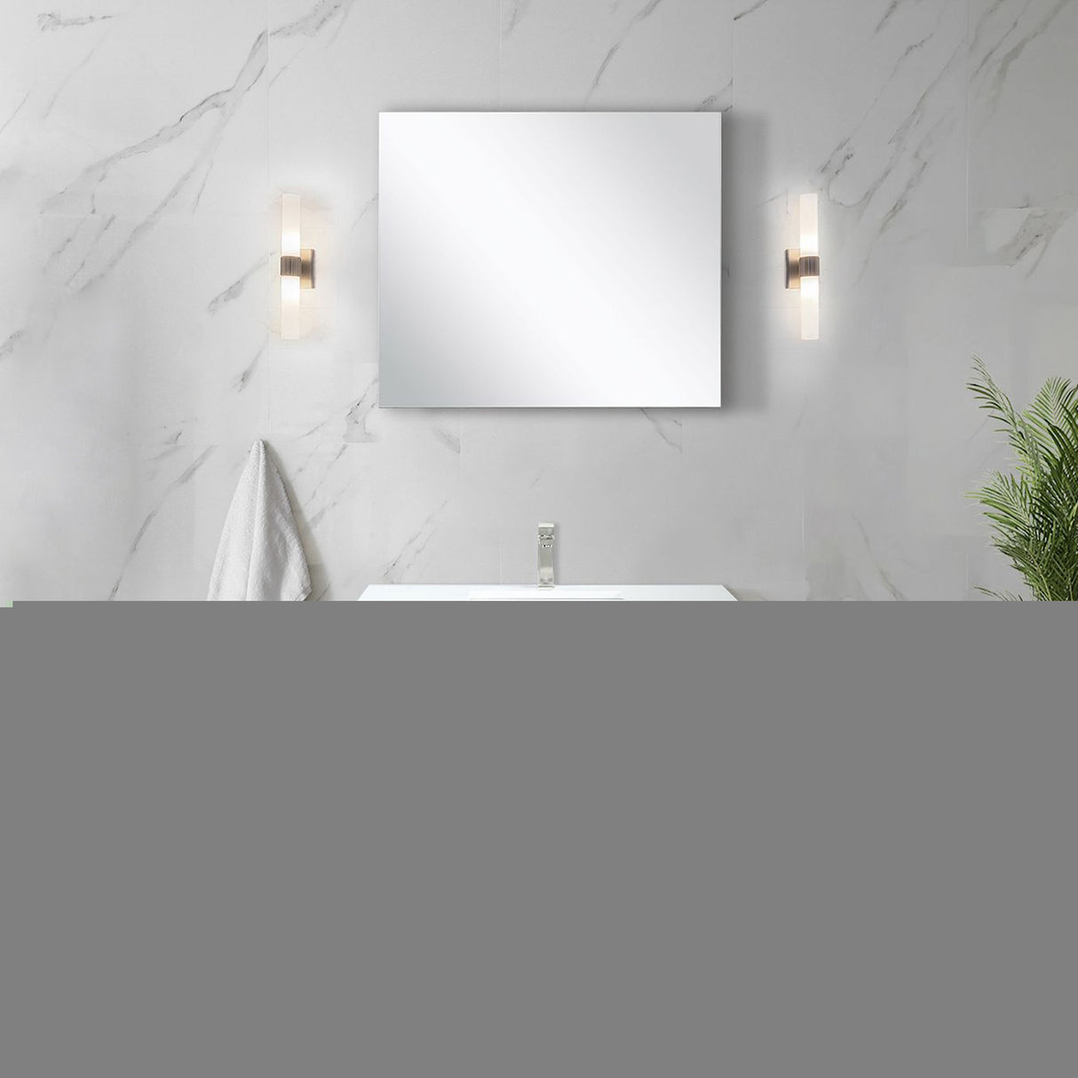 Lafarre 36" Rustic Acacia Bathroom Vanity, White Quartz Top, White Square Sink, and 28" Frameless Mirror