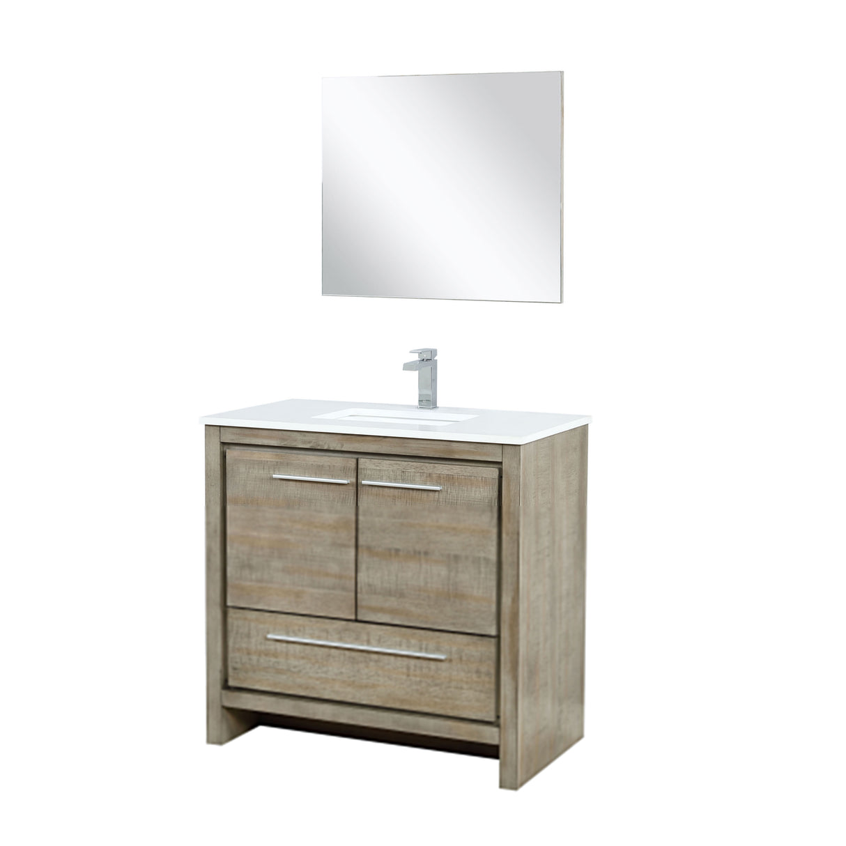 Lafarre 36" Rustic Acacia Bathroom Vanity, White Quartz Top, White Square Sink, Labaro Brushed Nickel Faucet Set, and 28" Frameless Mirror