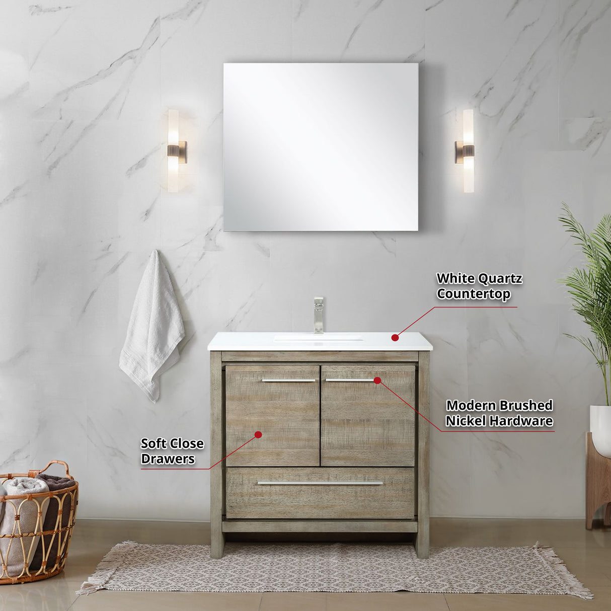 Lafarre 36" Rustic Acacia Bathroom Vanity, White Quartz Top, White Square Sink, Labaro Brushed Nickel Faucet Set, and 28" Frameless Mirror