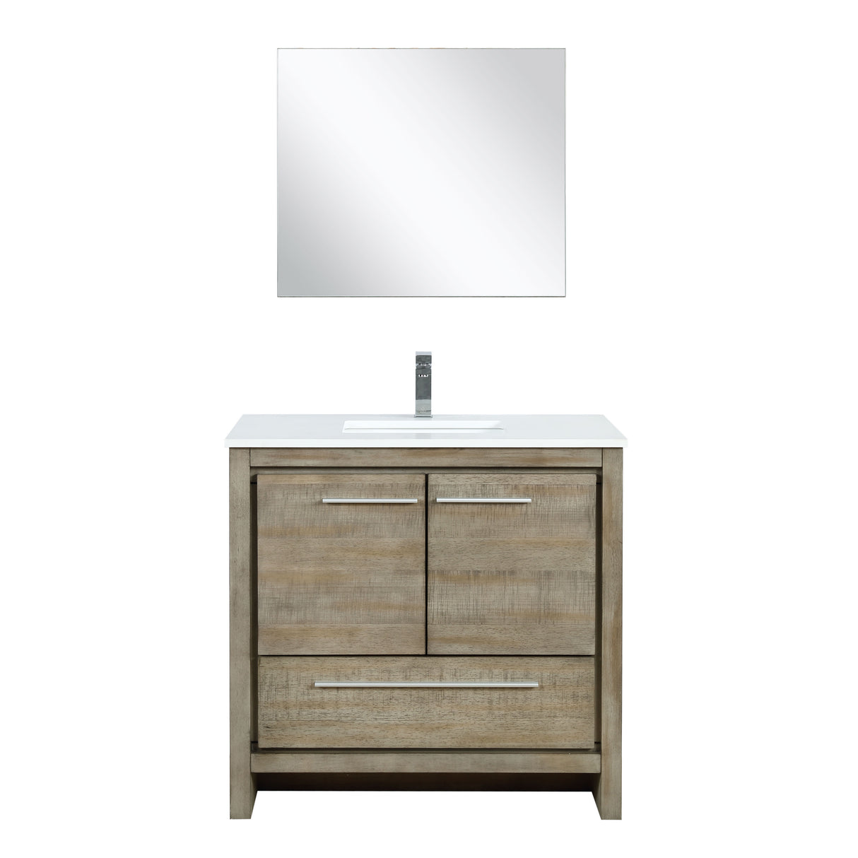 Lafarre 36" Rustic Acacia Bathroom Vanity, White Quartz Top, White Square Sink, Monte Chrome Faucet Set, and 28" Frameless Mirror