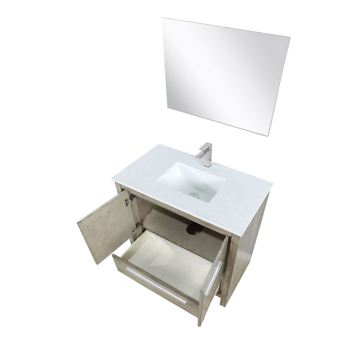 Lafarre 36" Rustic Acacia Bathroom Vanity, White Quartz Top, White Square Sink, Labaro Brushed Nickel Faucet Set, and 28" Frameless Mirror
