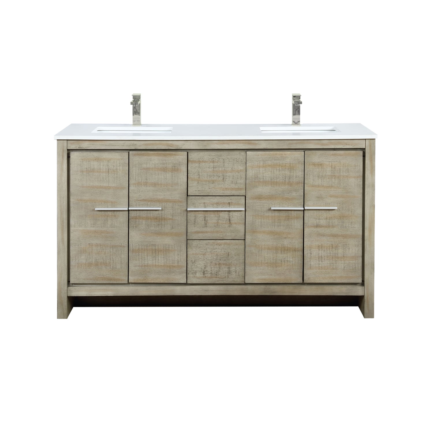 Lafarre 60 in. Rustic Acacia  Freestanding Bathroom Vanity with White Quartz Top, White Square Sink, and Labaro Brushed Nickel Faucet Set