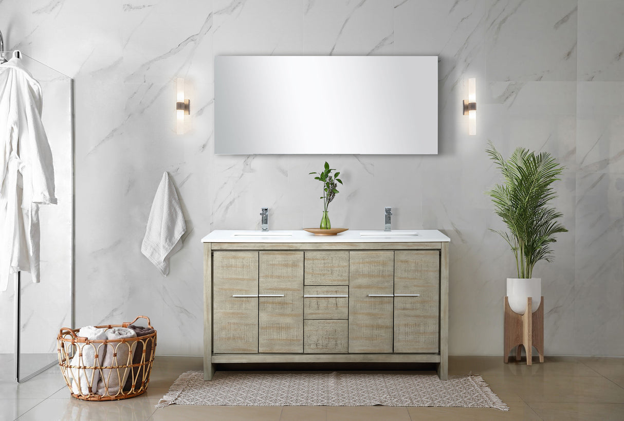Lafarre 60" Rustic Acacia Double Bathroom Vanity, White Quartz Top, White Square Sinks, and 55" Frameless Mirror