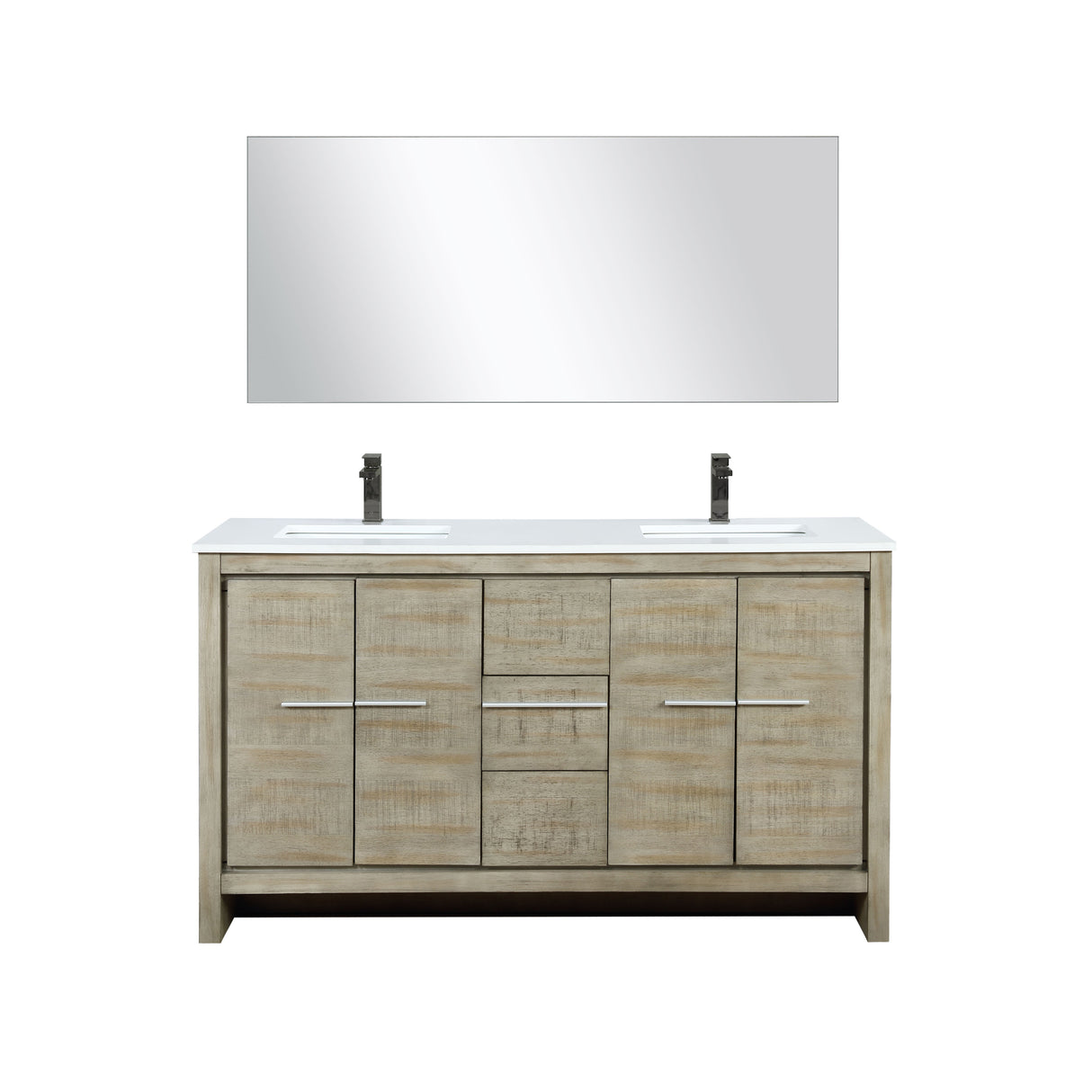 Lafarre 60" Rustic Acacia Double Bathroom Vanity, White Quartz Top, White Square Sinks, Balzani Gun Metal Faucet Set, and 55" Frameless Mirror