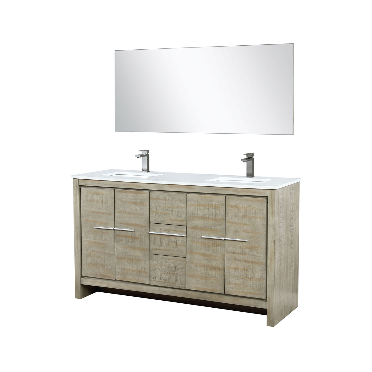 Lafarre 60" Rustic Acacia Double Bathroom Vanity, White Quartz Top, White Square Sinks, Balzani Gun Metal Faucet Set, and 55" Frameless Mirror