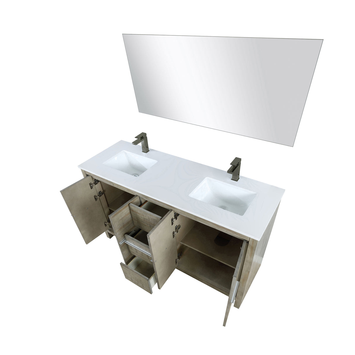 Lafarre 60" Rustic Acacia Double Bathroom Vanity, White Quartz Top, White Square Sinks, Balzani Gun Metal Faucet Set, and 55" Frameless Mirror