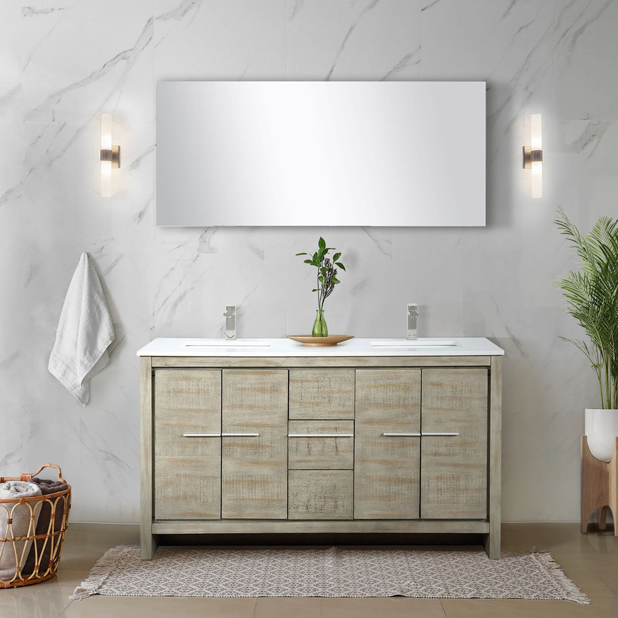 Lafarre 60" Rustic Acacia Double Bathroom Vanity, White Quartz Top, White Square Sinks, Labaro Brushed Nickel Faucet Set, and 55" Frameless Mirror
