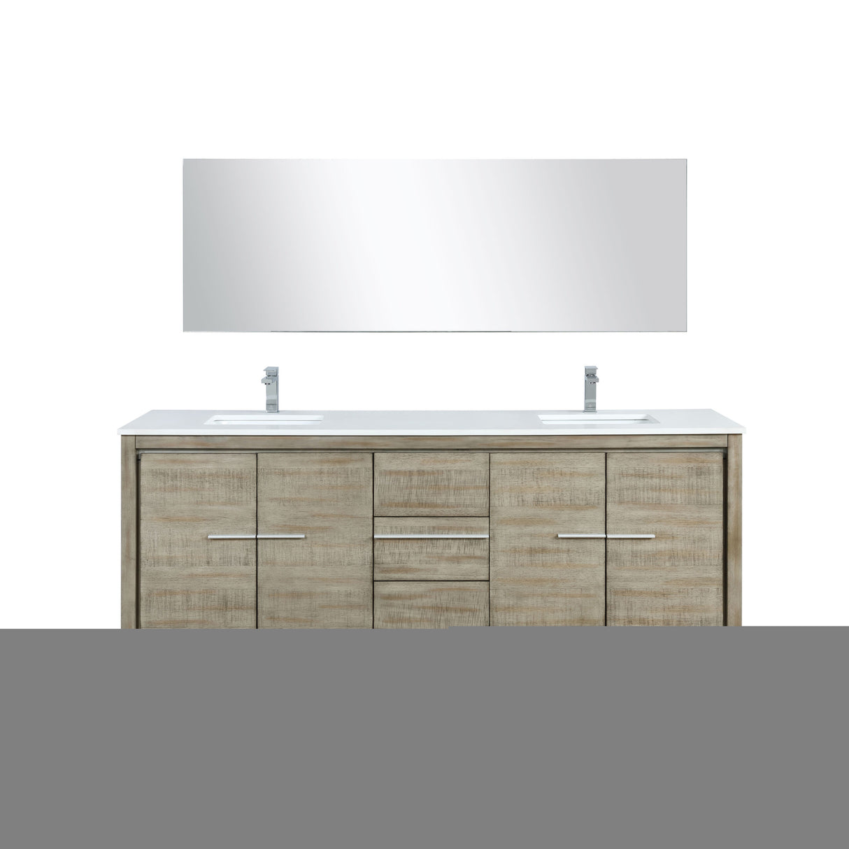 Lafarre 80" Rustic Acacia Double Bathroom Vanity, White Quartz Top, White Square Sinks, Monte Chrome Faucet Set, and 70" Frameless Mirror