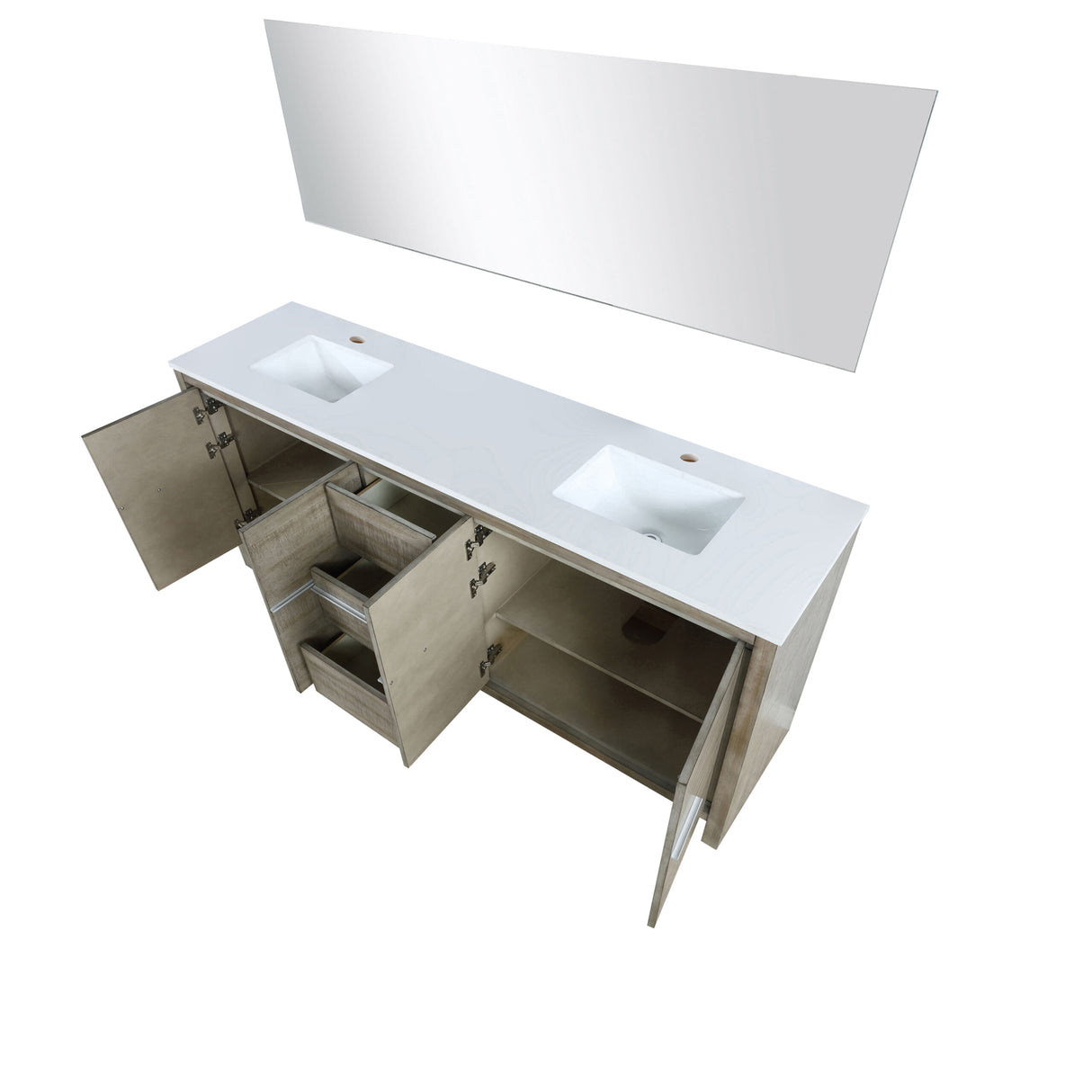 Lafarre 80" Rustic Acacia Double Bathroom Vanity, White Quartz Top, White Square Sinks, and 70" Frameless Mirror