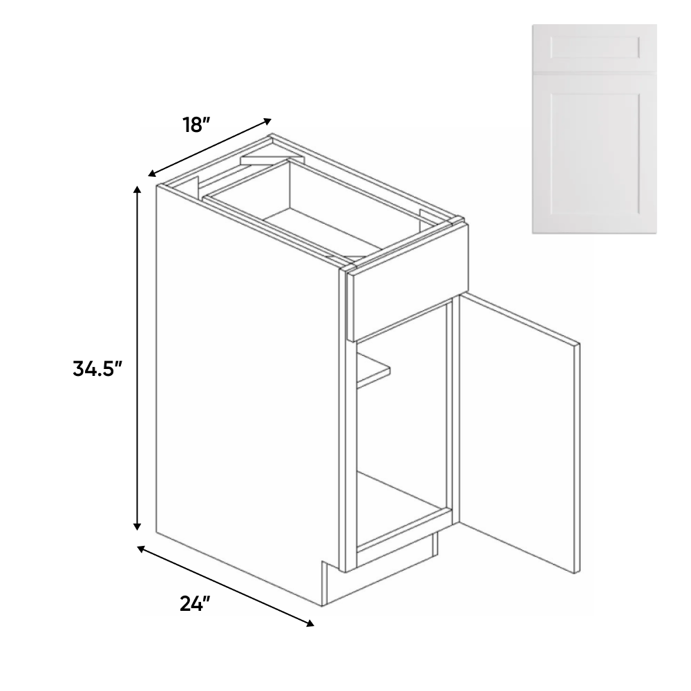 Liberty Shaker White - 18 Inch Single Door Base Cabinet - 18" Width x 34.5" Height x 24" Depth