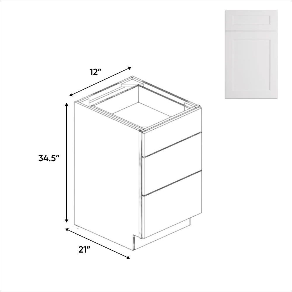 Liberty Shaker White - 12 Inch Vanity Drawer Base Cabinet - 12" Width x 34.5" Height x 21" Depth