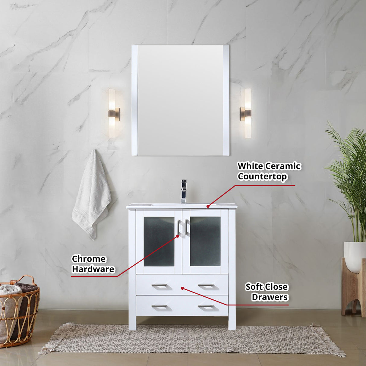 Volez 30 in. Freestanding Bathroom Vanity with Integrated Top, White integrated Square Sink