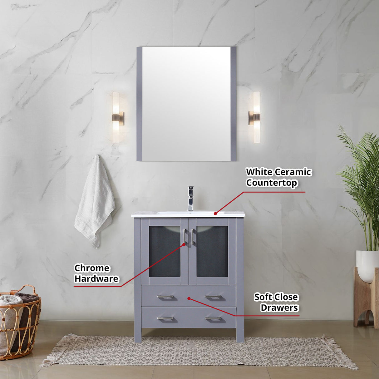 Volez 30 in. Freestanding Bathroom Vanity with Integrated Top, White integrated Square Sink