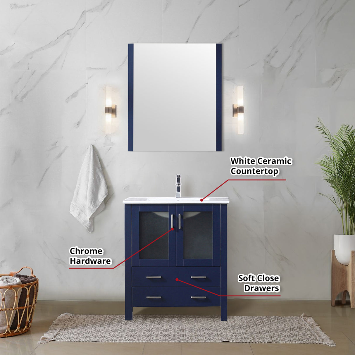 Volez 30 in. Freestanding Bathroom Vanity with Integrated Top, White integrated Square Sink