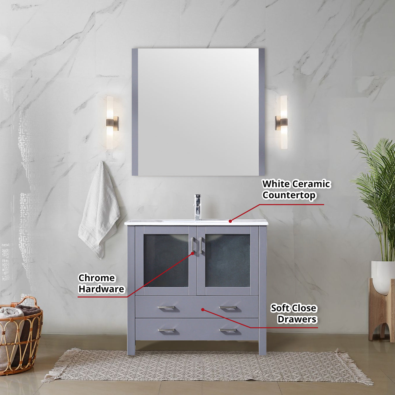Volez 36 in. Freestanding Bathroom Vanity with Integrated Top, White integrated Square Sink