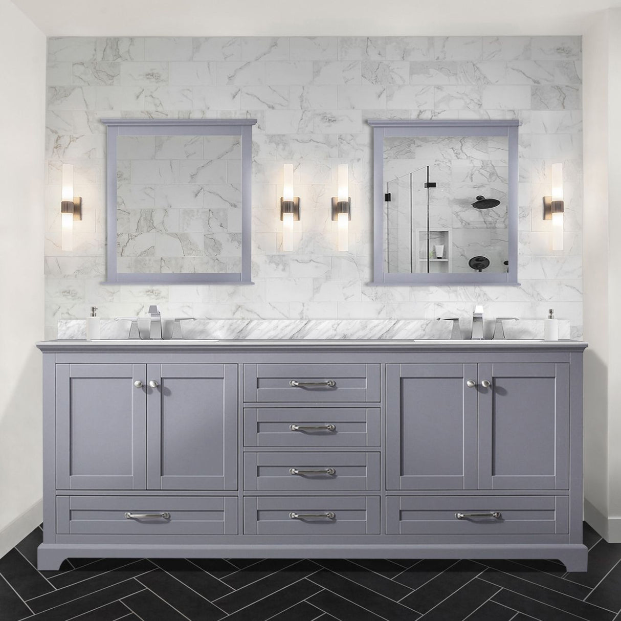 Dukes 80 in. Freestanding Bathroom Vanity with White Carrara Marble Top, White Square Sink