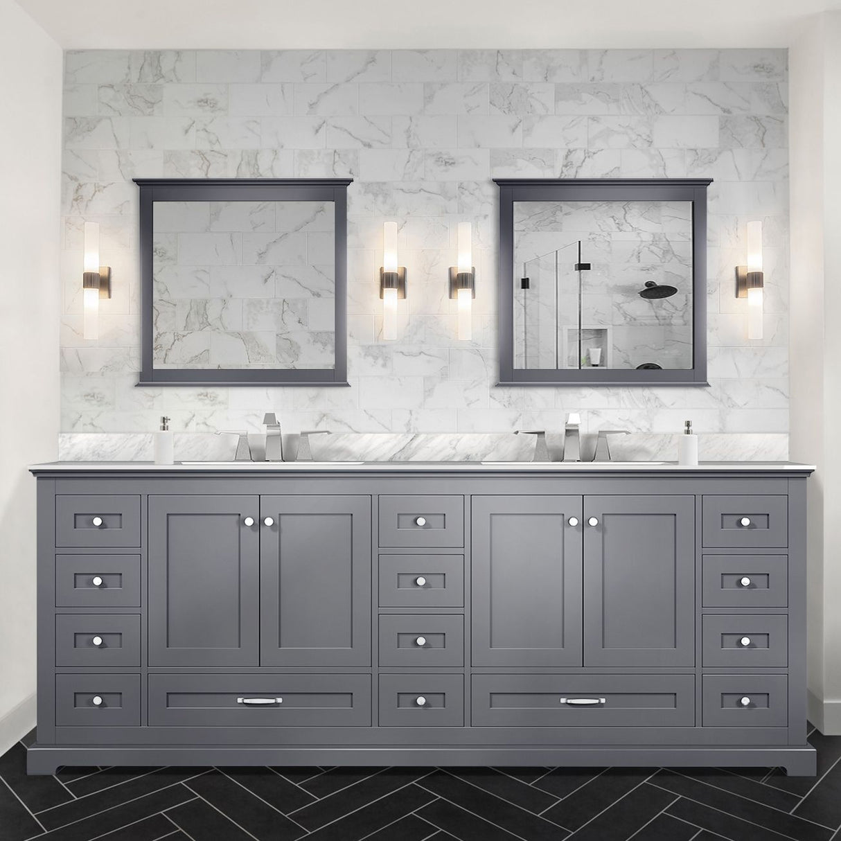 Dukes 84 in. Freestanding Bathroom Vanity with White Carrara Marble Top, White Square Sink