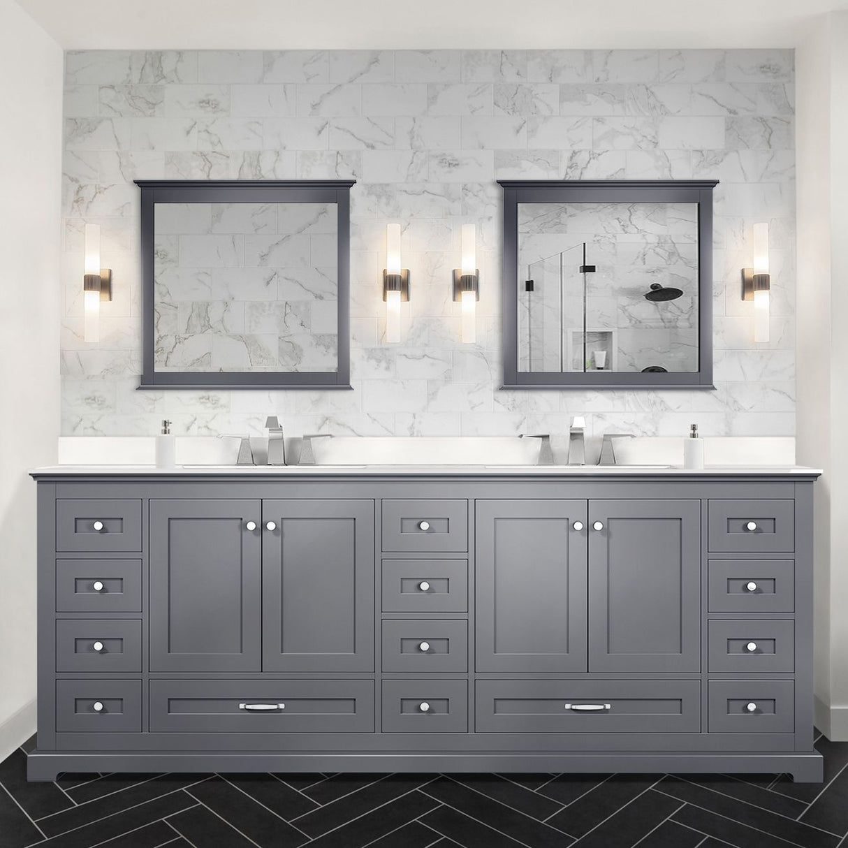 Dukes 84" Dark Grey Double Vanity, White Quartz Top, White Square Sinks and 34" Mirrors