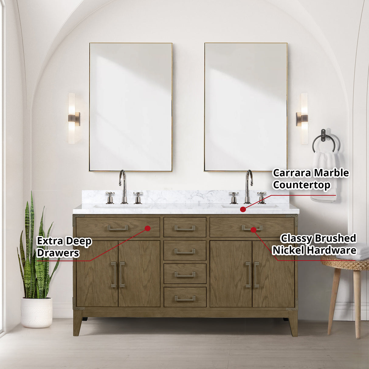 Laurel 60 in. Freestanding Bathroom Vanity with Carrara Marble Sink Top