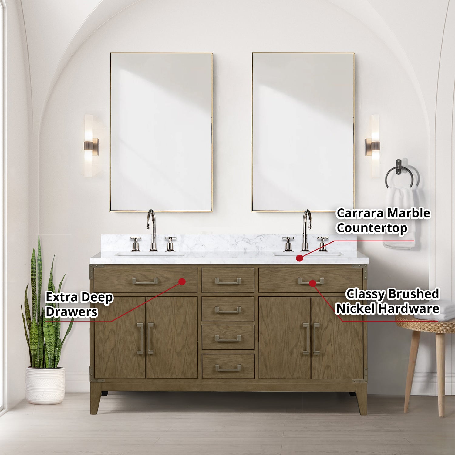 Laurel 60 in. Freestanding Bathroom Vanity with Carrara Marble Sink Top