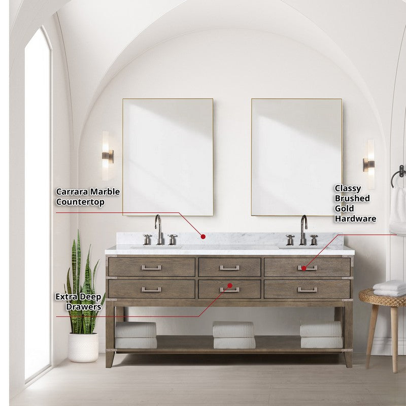 Norwalk 72 in W x 22 in D Grey Oak Double Bath Vanity and Carrara Marble Top