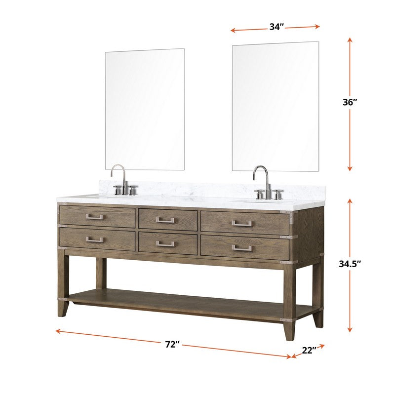 Norwalk 72 in W x 22 in D Grey Oak Double Bath Vanity and Carrara Marble Top