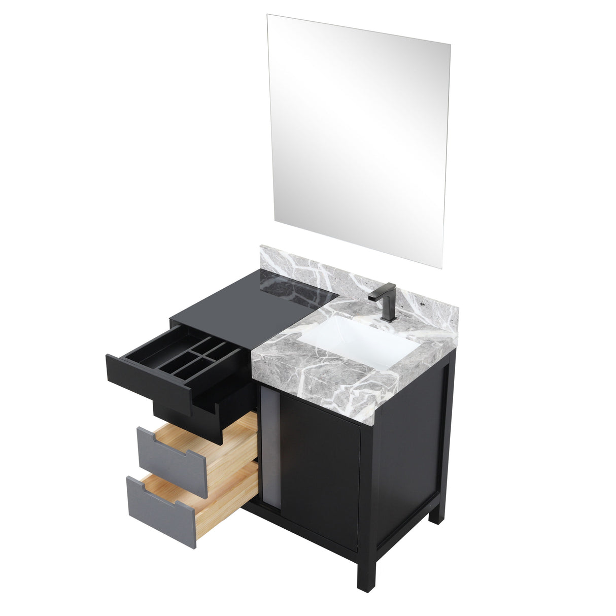 Zilara 36" Black and Grey Vanity, Castle Grey Marble Top, White Square Sink, Balzani Gun Metal Faucet Set, and 30" Frameless Mirror