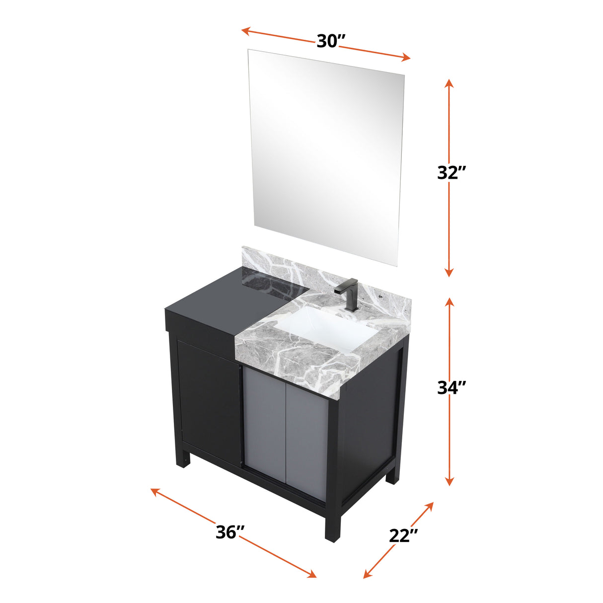 Zilara 36" Black and Grey Vanity, Castle Grey Marble Top, White Square Sink, Balzani Gun Metal Faucet Set, and 30" Frameless Mirror