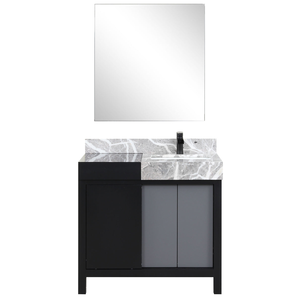 Zilara 36" Black and Grey Vanity, Castle Grey Marble Top, White Square Sink, Cascata Nera Matte Black Faucet Set, and 30" Frameless Mirror