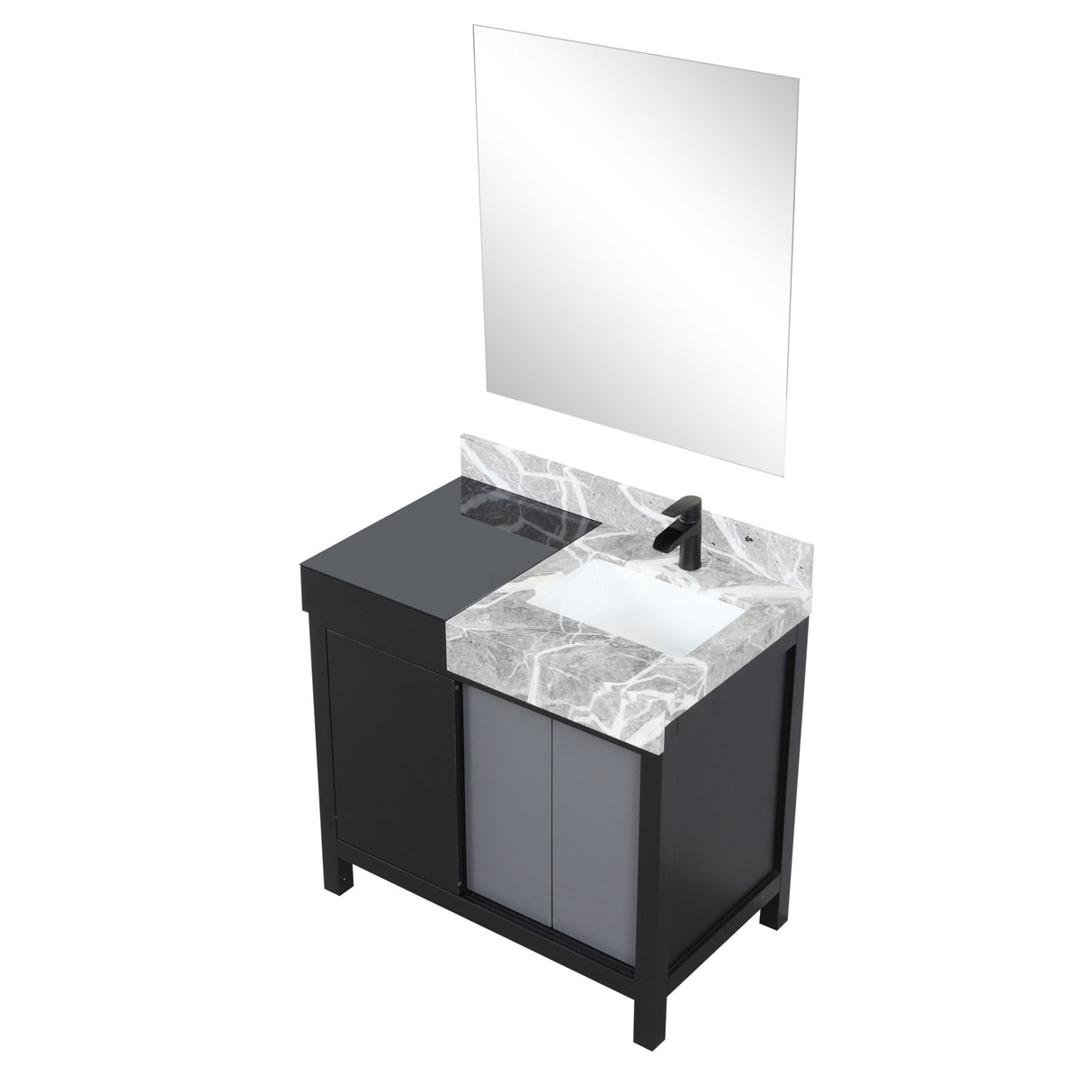 Zilara 36" Black and Grey Vanity, Castle Grey Marble Top, White Square Sink, Cascata Nera Matte Black Faucet Set, and 30" Frameless Mirror