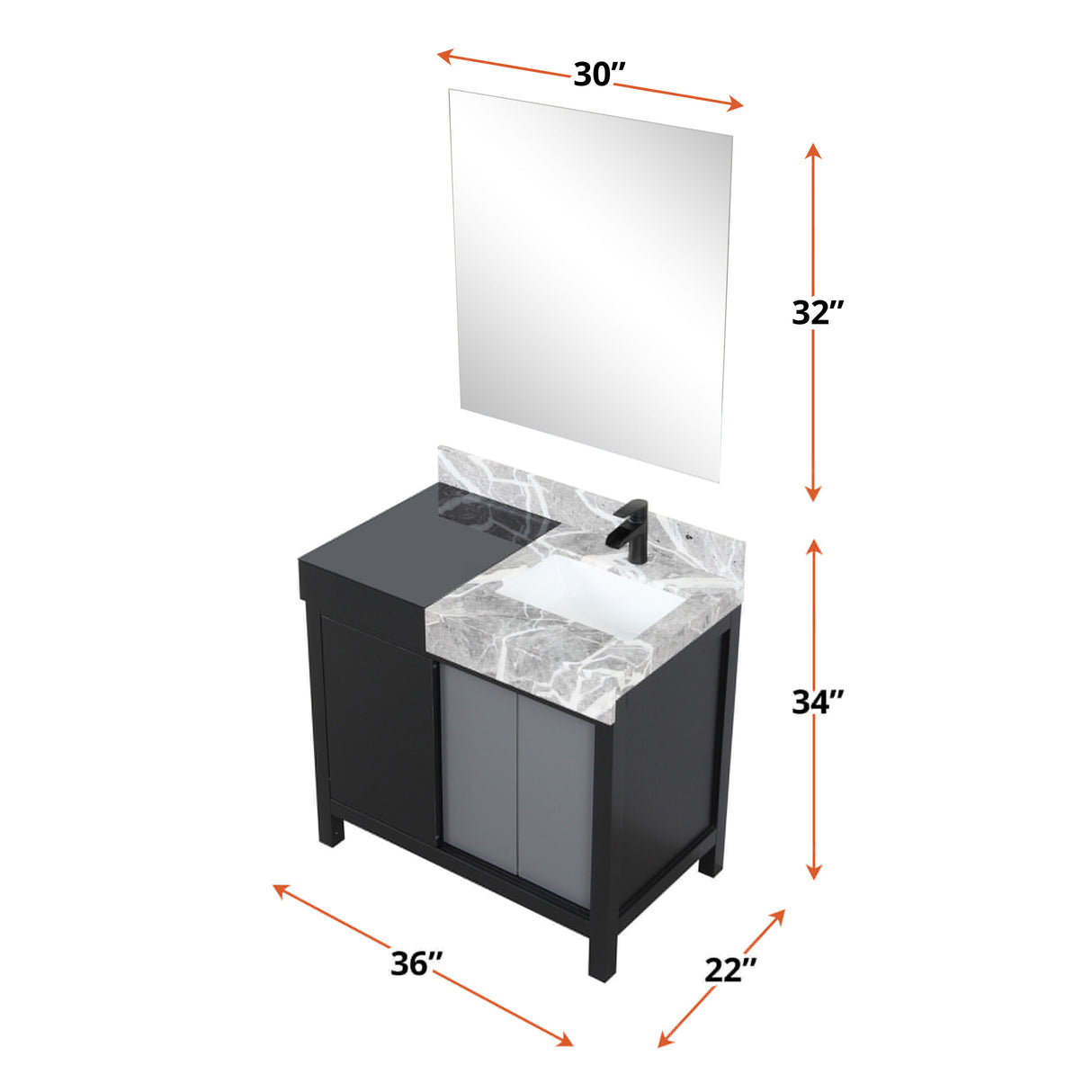 Zilara 36" Black and Grey Vanity, Castle Grey Marble Top, White Square Sink, Cascata Nera Matte Black Faucet Set, and 30" Frameless Mirror
