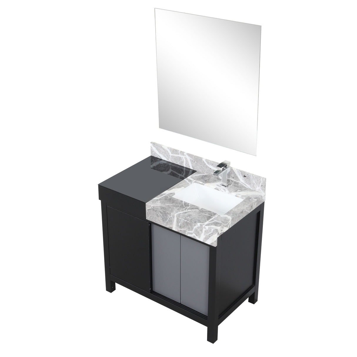Zilara 36" Black and Grey Vanity, Castle Grey Marble Top, White Square Sink, Monte Chrome Faucet Set, and 30" Frameless Mirror
