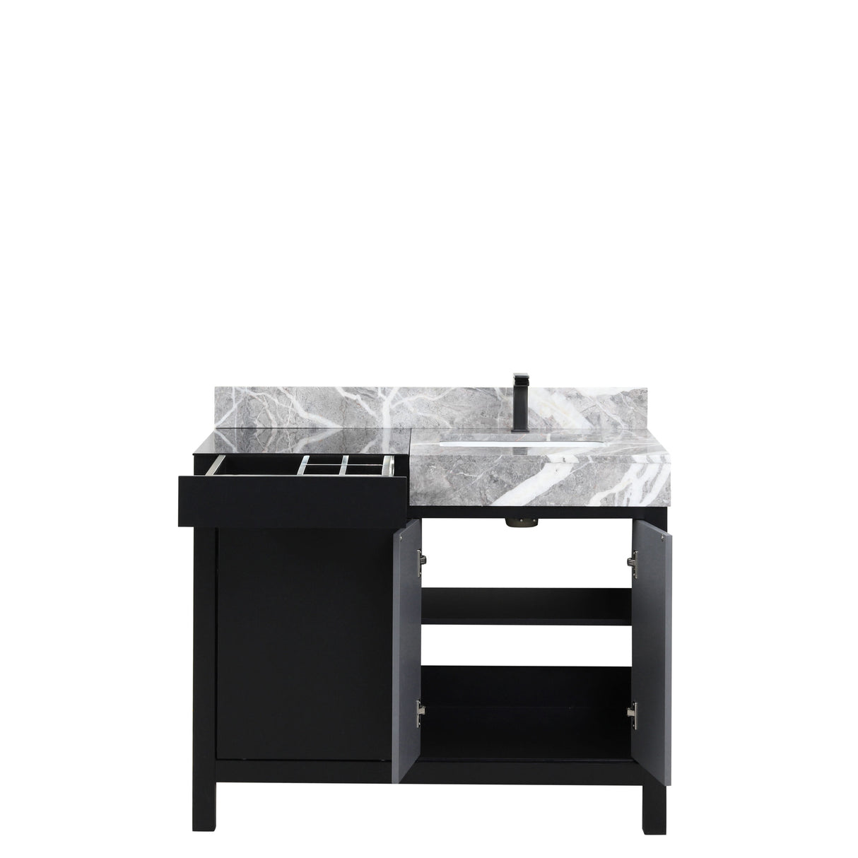 Zilara 42 in. Black and Grey  Freestanding Bathroom Vanity With Castle Grey Marble Top, White Square Sink, and Balzani Gun Metal Faucet