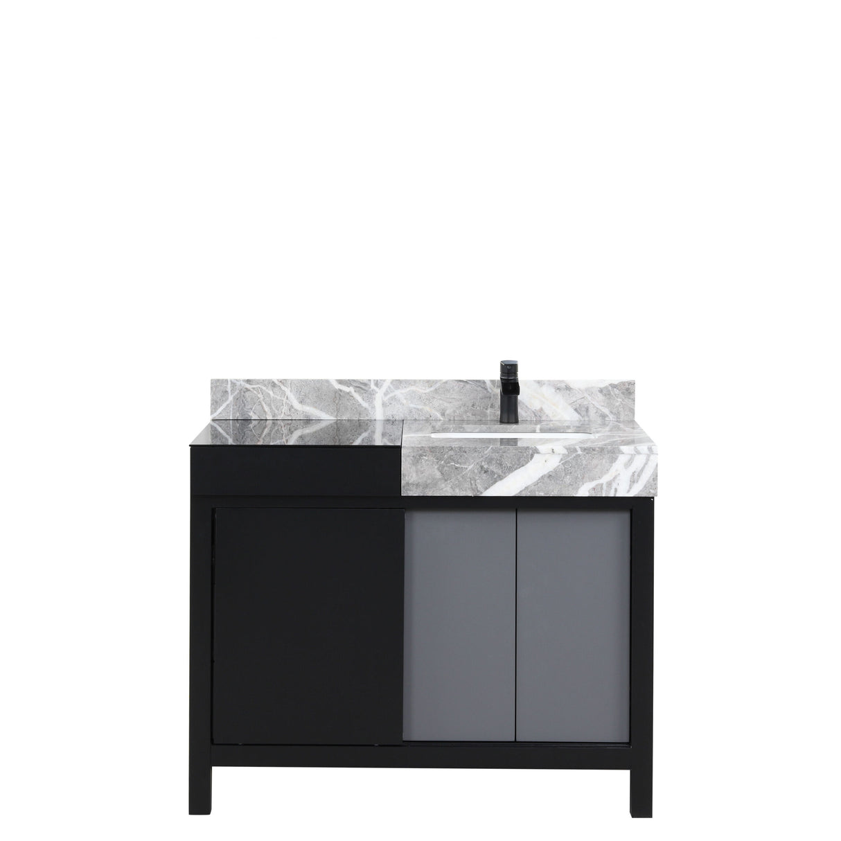Zilara 42 in. Black and Grey Freestanding Bathroom Vanity With Castle Grey Marble Top, White Square Sink, and Cascata Nera Matte Black Faucet
