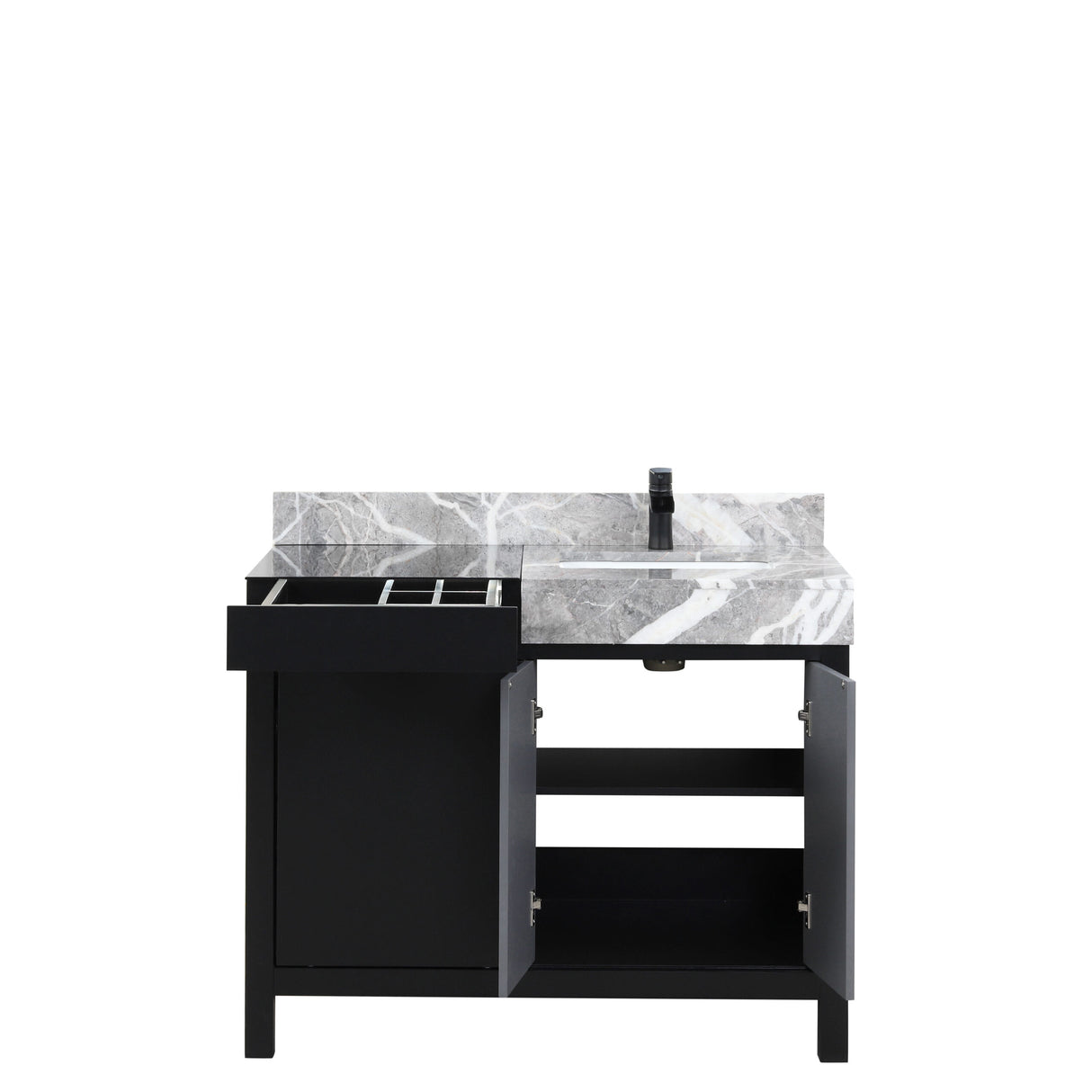 Zilara 42 in. Black and Grey Freestanding Bathroom Vanity With Castle Grey Marble Top, White Square Sink, and Cascata Nera Matte Black Faucet