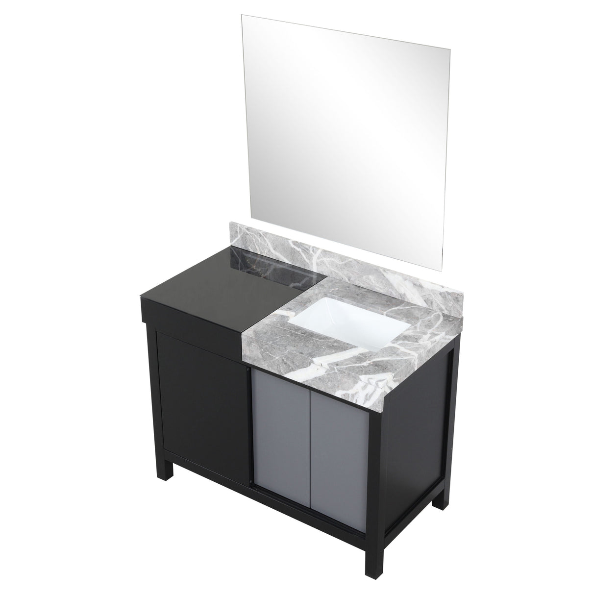 Zilara 42" Black and Grey Vanity, Castle Grey Marble Top, White Square Sink, and 34" Frameless Mirror