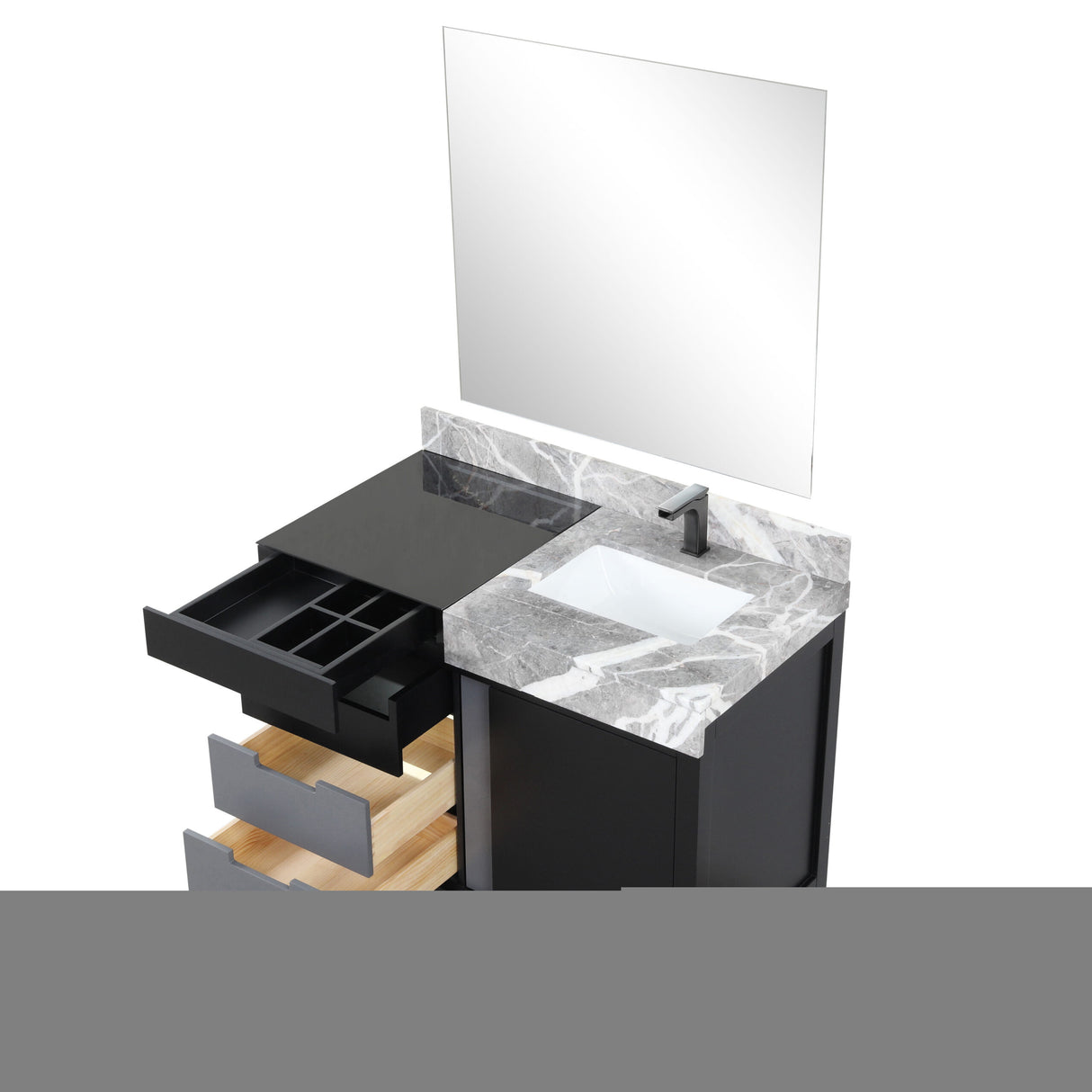 Zilara 42" Black and Grey Vanity, Castle Grey Marble Top, White Square Sink, Balzani Gun Metal Faucet Set, and 34" Frameless Mirror