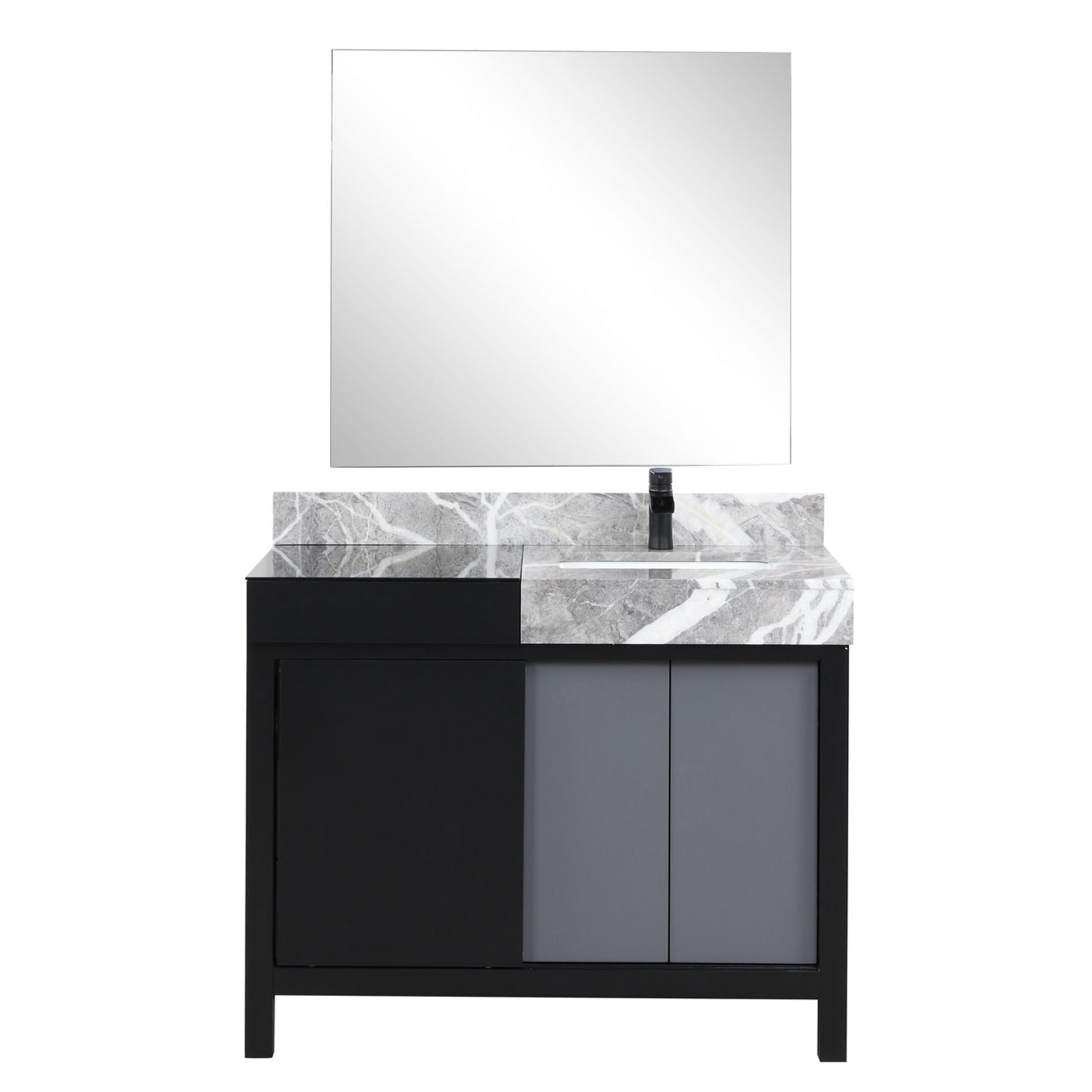 Zilara 42" Black and Grey Vanity, Castle Grey Marble Top, White Square Sink, Cascata Nera Matte Black Faucet Set, and 34" Frameless Mirror