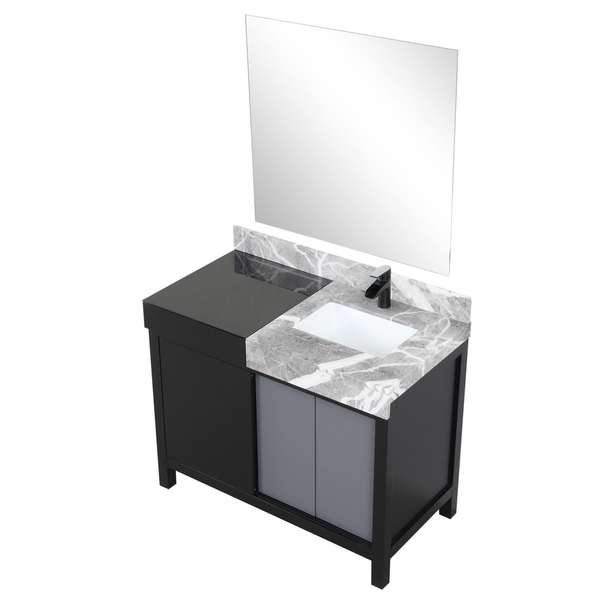 Zilara 42" Black and Grey Vanity, Castle Grey Marble Top, White Square Sink, Cascata Nera Matte Black Faucet Set, and 34" Frameless Mirror