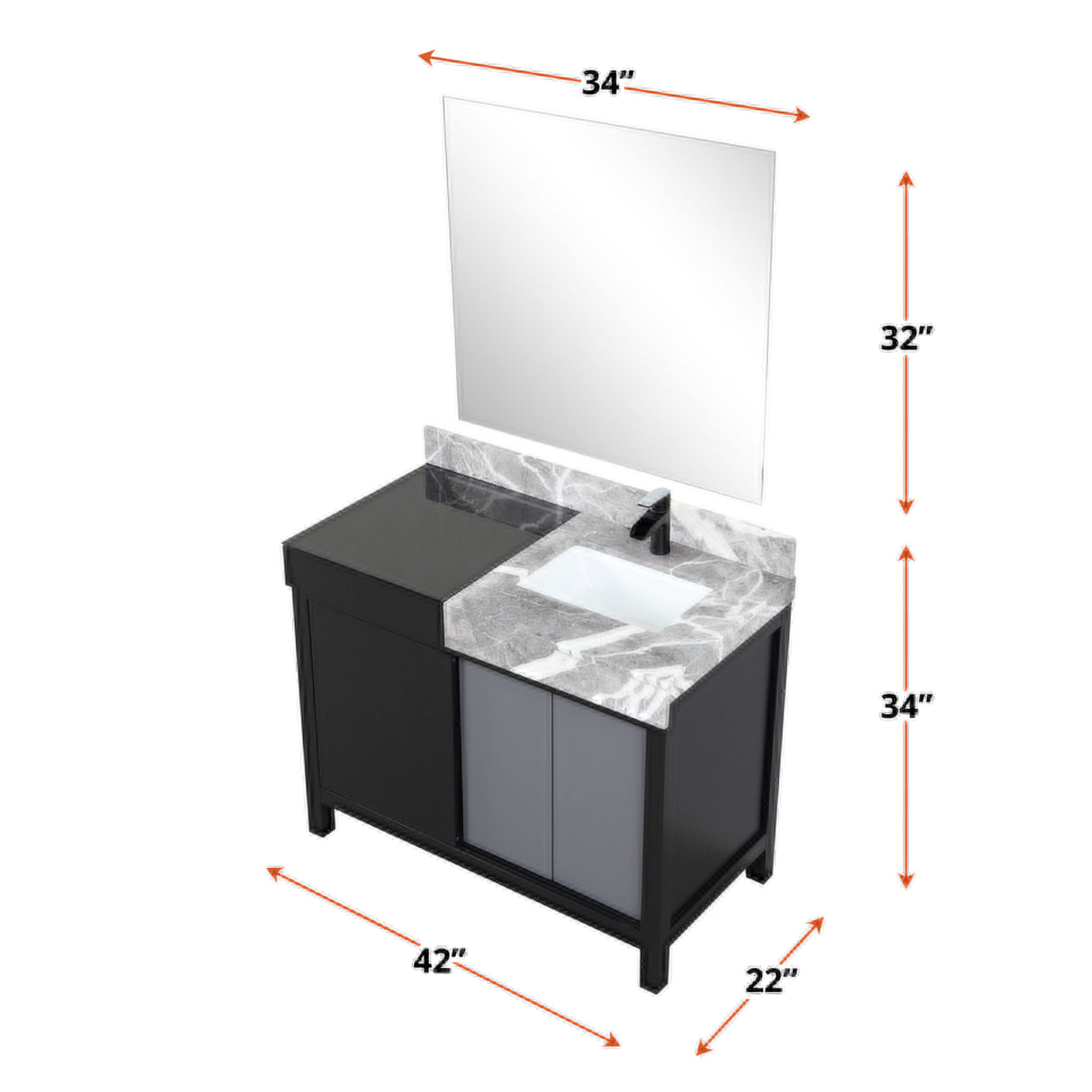 Zilara 42" Black and Grey Vanity, Castle Grey Marble Top, White Square Sink, Cascata Nera Matte Black Faucet Set, and 34" Frameless Mirror