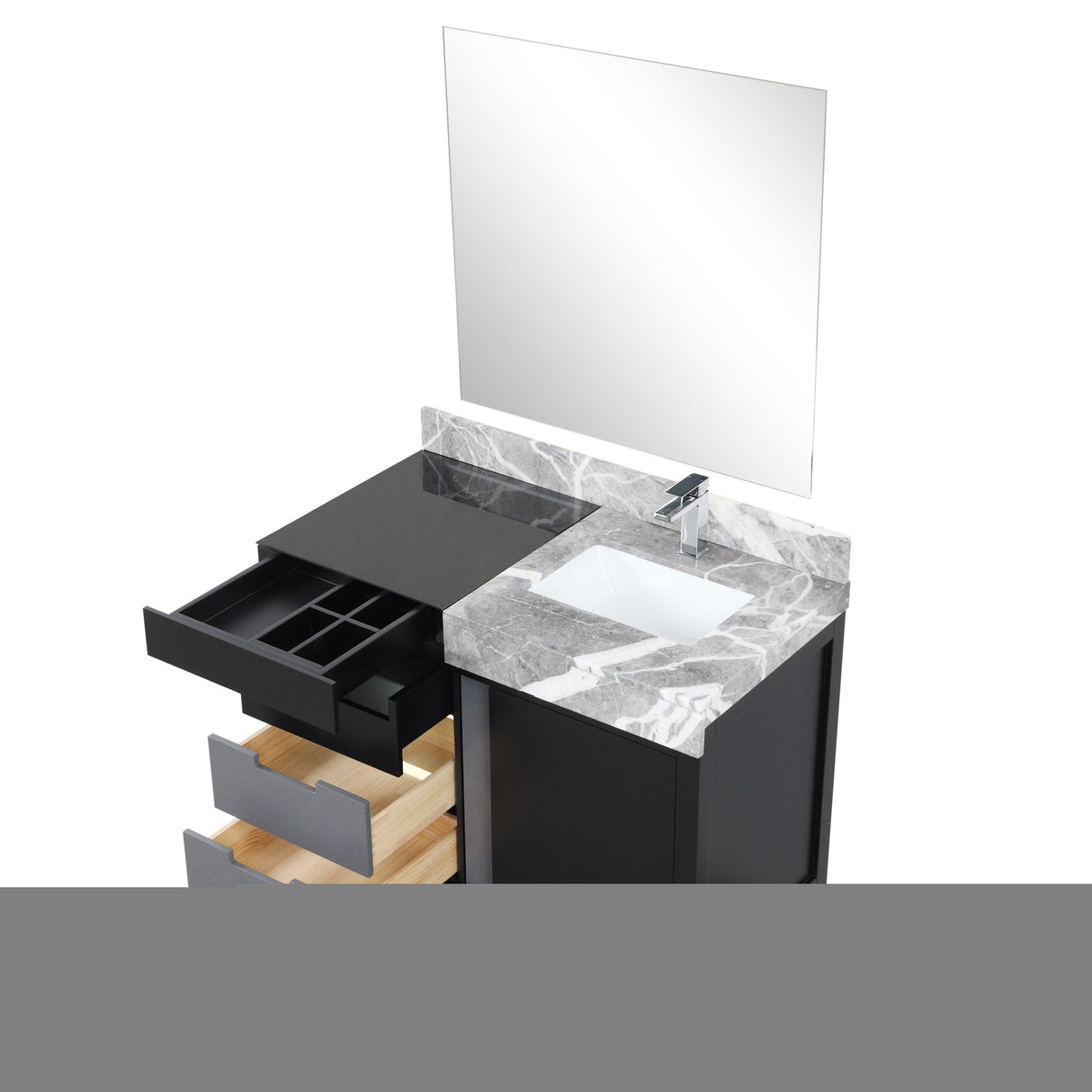 Zilara 42" Black and Grey Vanity, Castle Grey Marble Top, White Square Sink, Monte Chrome Faucet Set, and 34" Frameless Mirror