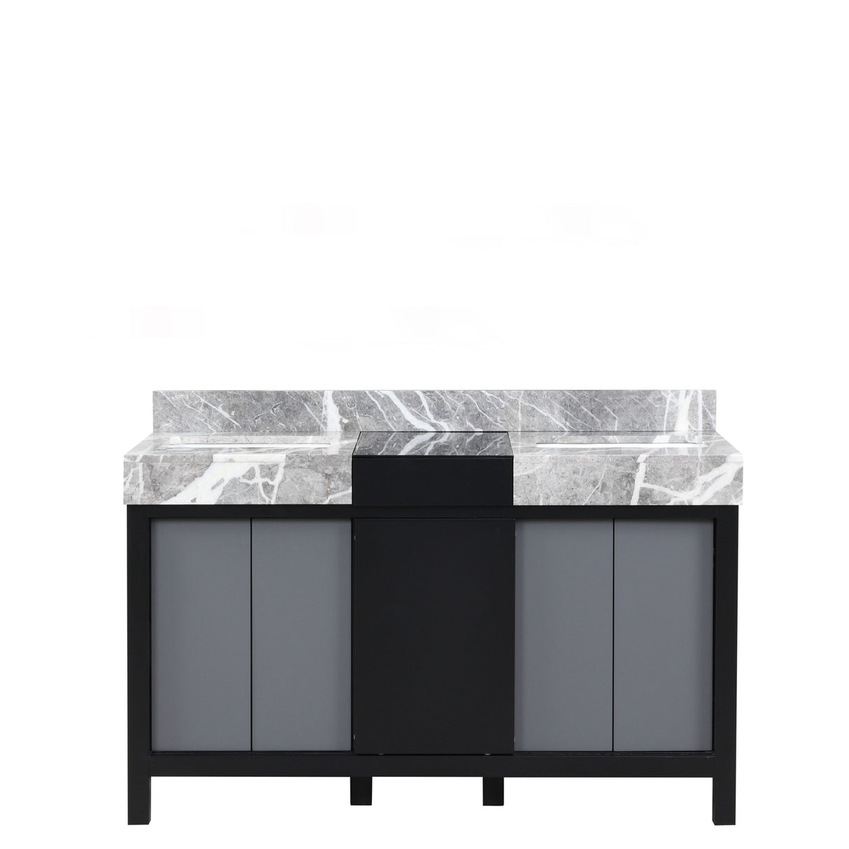 Zilara 55 in. Black and Grey  Freestanding Bathroom Vanity With Castle Grey Marble Tops, and White Square Sinks