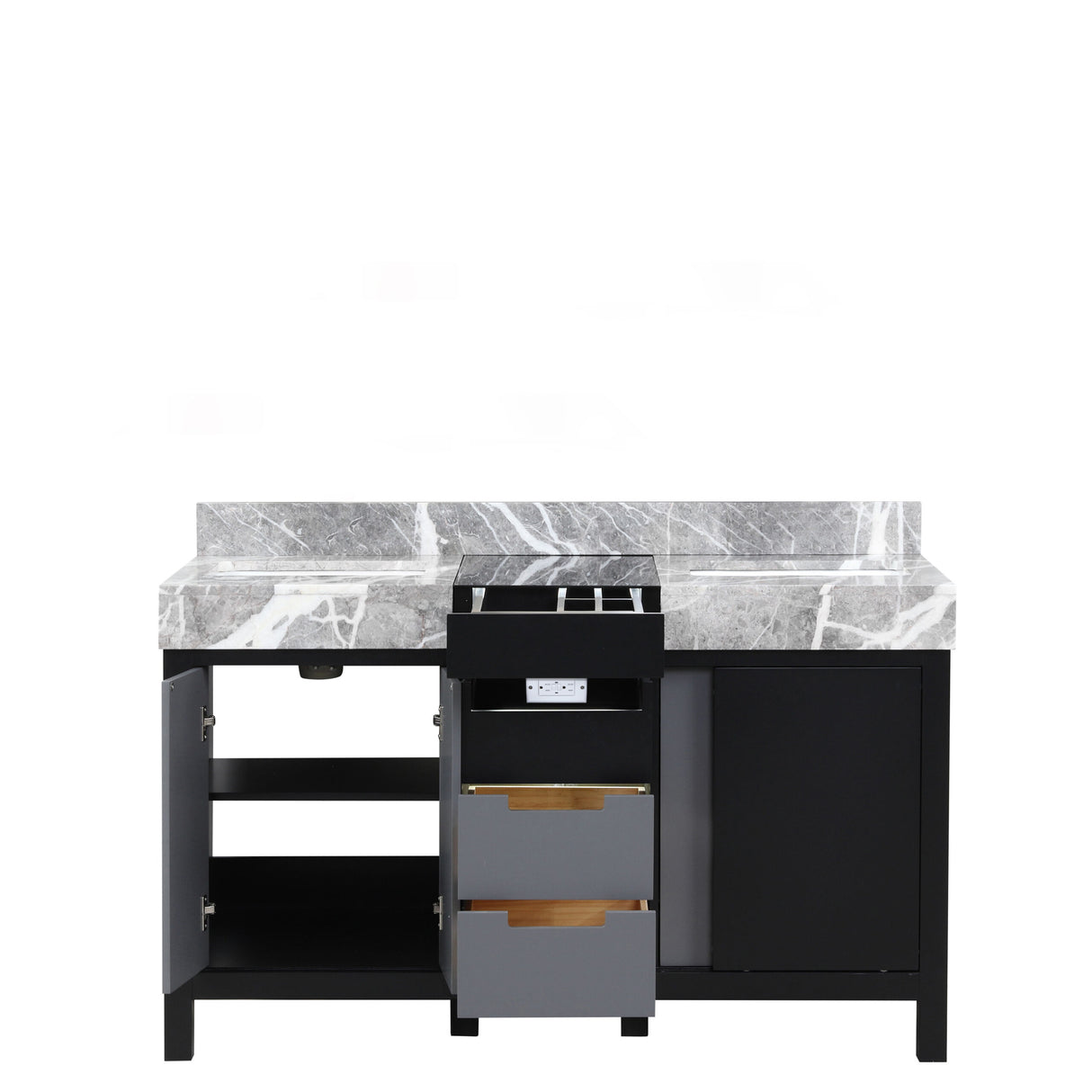 Zilara 55 in. Black and Grey  Freestanding Bathroom Vanity With Castle Grey Marble Tops, and White Square Sinks