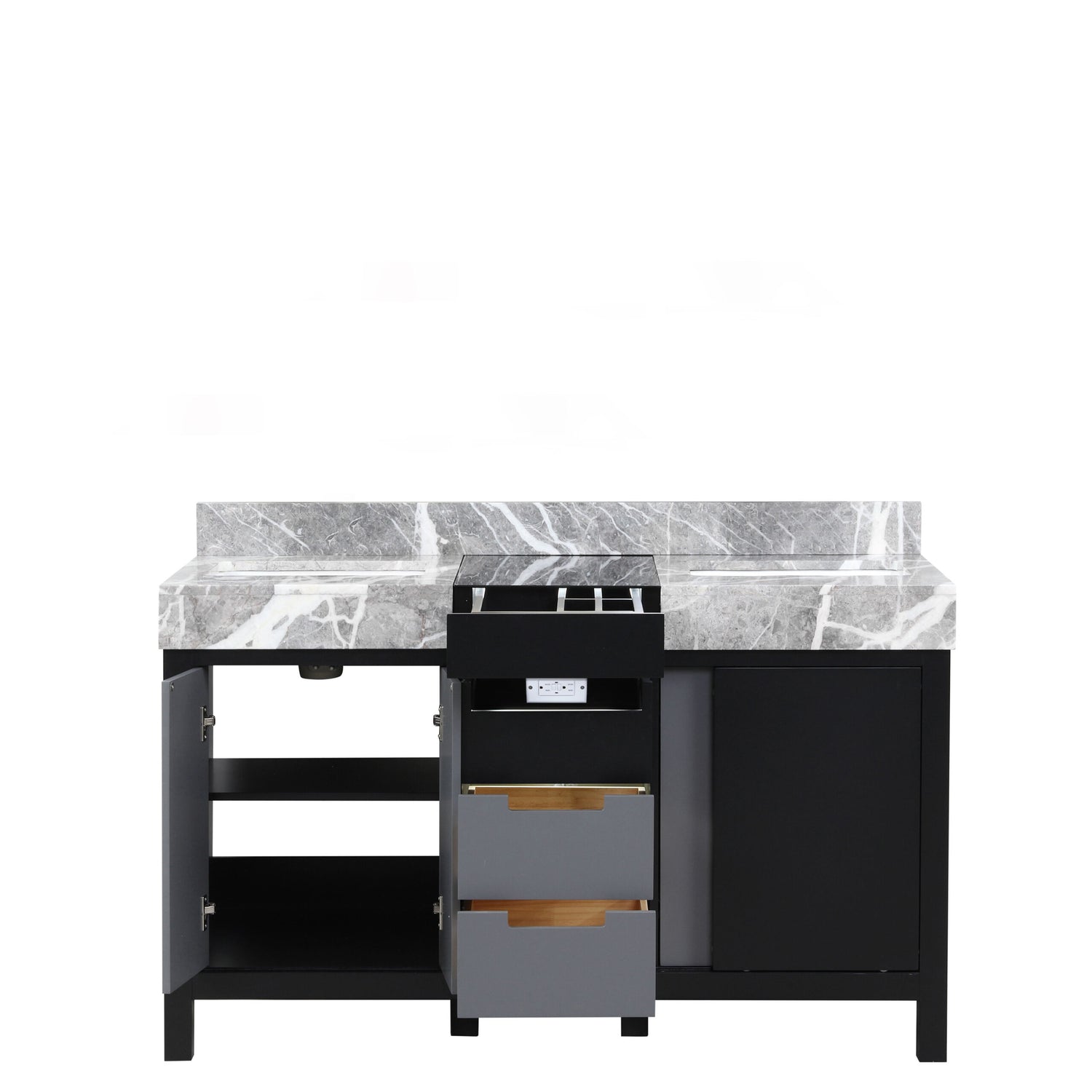 Zilara 55 in. Black and Grey  Freestanding Bathroom Vanity With Castle Grey Marble Tops, and White Square Sinks