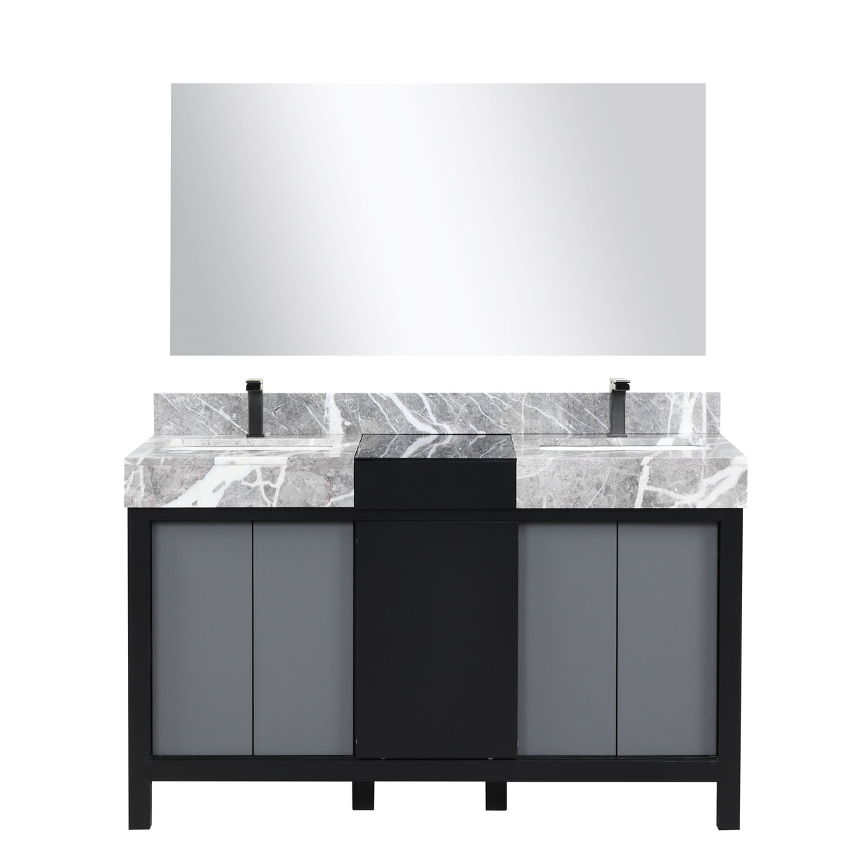 Zilara 55" Black and Grey Double Vanity, Castle Grey Marble Tops, White Square Sinks, Balzani Gun Metal Faucet Sets, and 53" Frameless Mirror