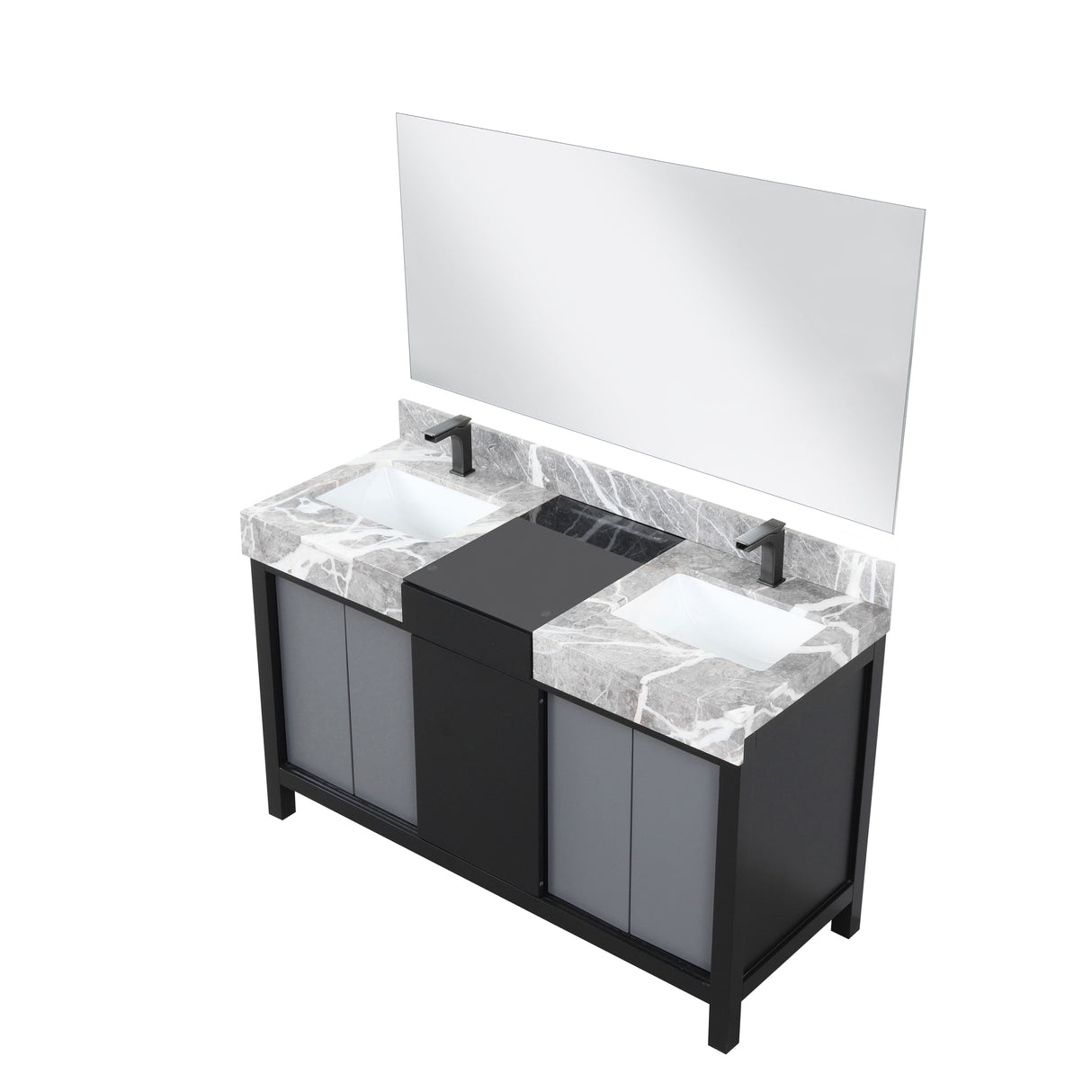Zilara 55" Black and Grey Double Vanity, Castle Grey Marble Tops, White Square Sinks, Balzani Gun Metal Faucet Sets, and 53" Frameless Mirror