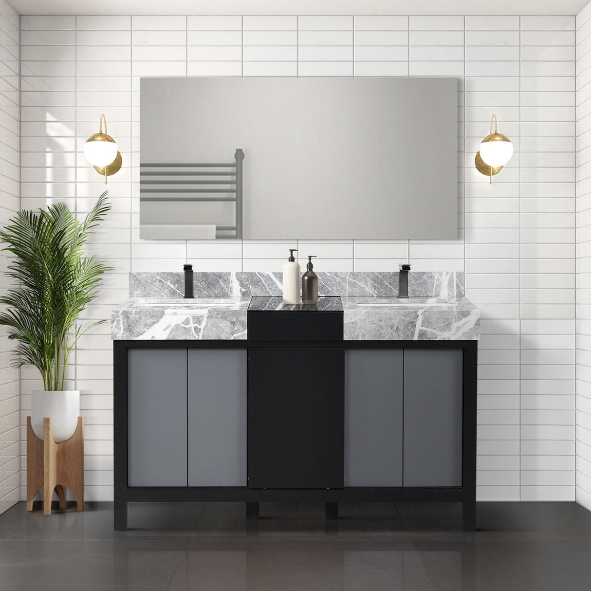 Zilara 55" Black and Grey Double Vanity, Castle Grey Marble Tops, White Square Sinks, Balzani Gun Metal Faucet Sets, and 53" Frameless Mirror