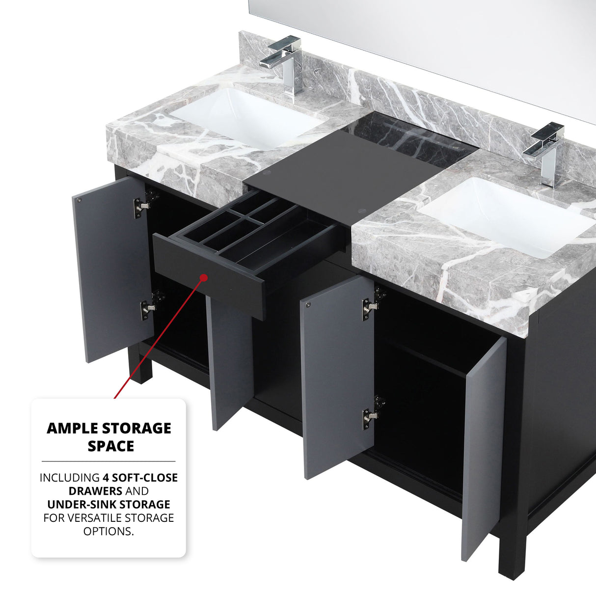 Zilara 55" Black and Grey Double Vanity, Castle Grey Marble Tops, White Square Sinks, Balzani Gun Metal Faucet Sets, and 53" Frameless Mirror