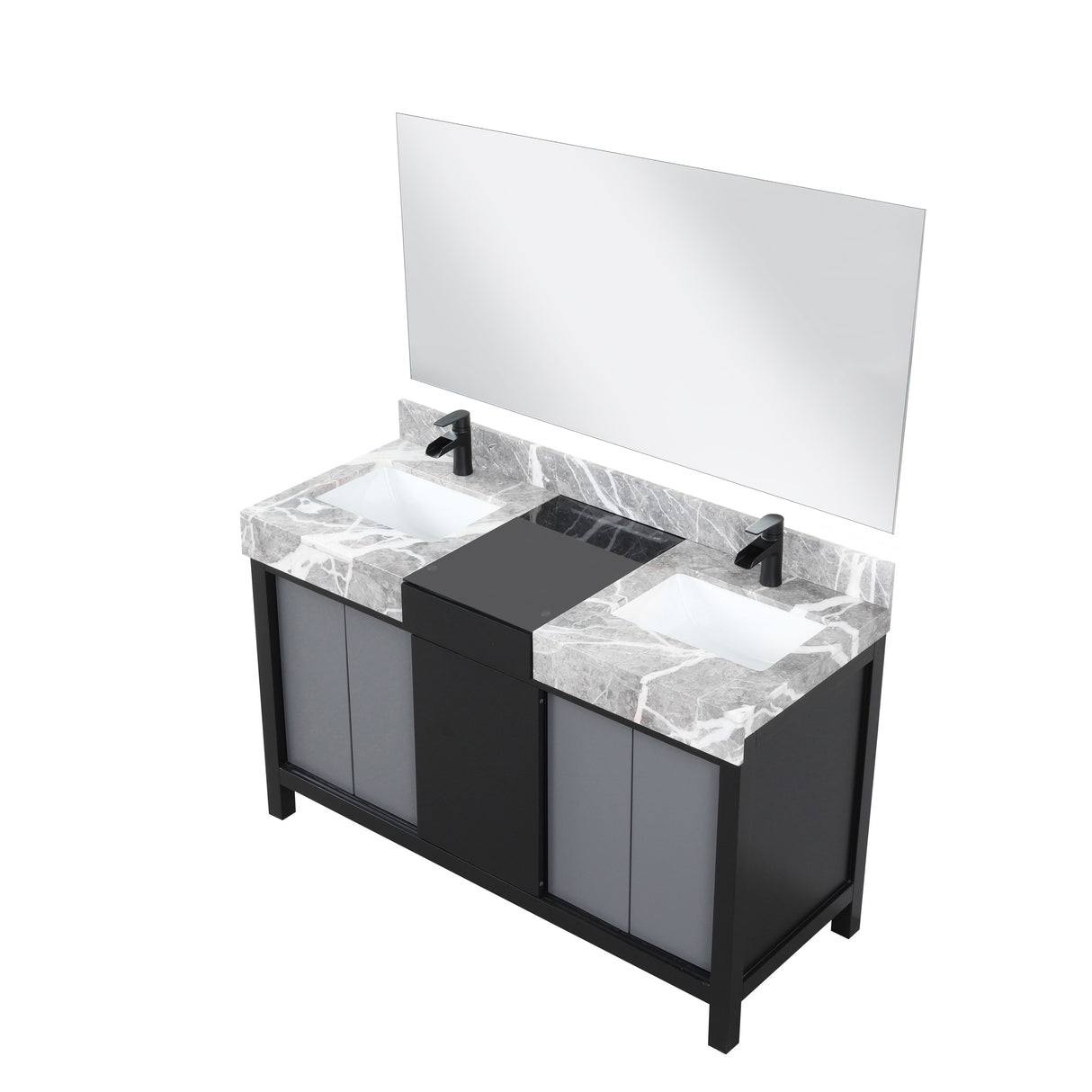 Zilara 55" Black and Grey Double Vanity, Castle Grey Marble Tops, White Square Sinks, Cascata Nera Matte Black Faucet Set, and 53" Frameless Mirror